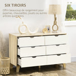 Commode 6 tiroirs style scandinave, meuble de rangement - dim. 120l x 40P x 76H cm, chêne et beige