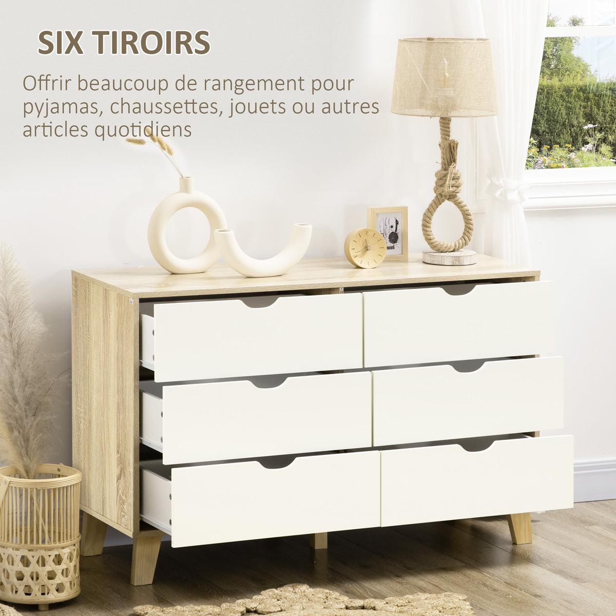 Commode 6 tiroirs style scandinave, meuble de rangement - dim. 120l x 40P x 76H cm, chêne et beige