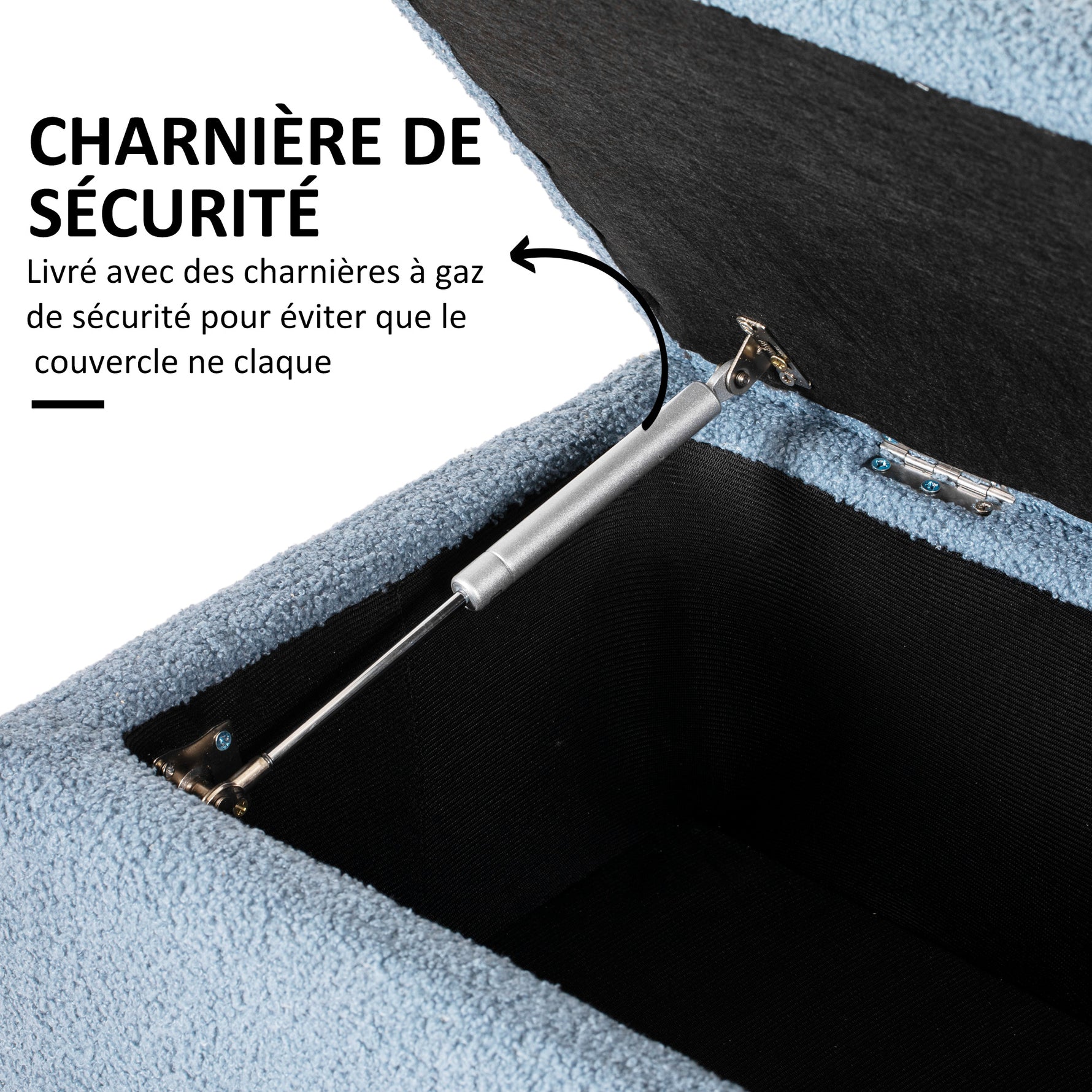Banc de rangement coffre de rangement revêtement bouclette, pieds en bois de caoutchouc 95 x 38 x 45 cm bleu
