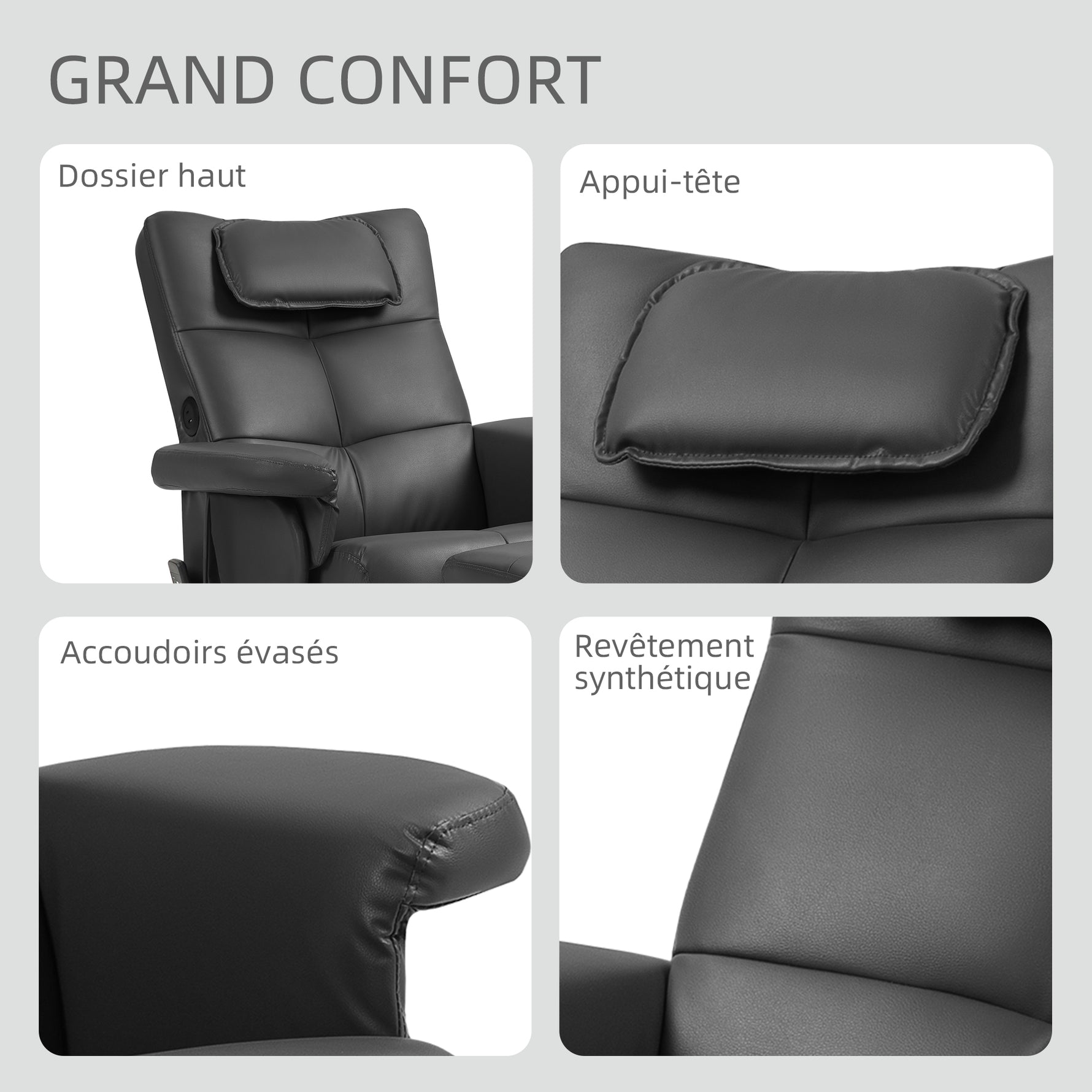Fauteuil massant avec repose-pied, dossier inclinable jusqu'à 135°, coffre de rangement, télécommande