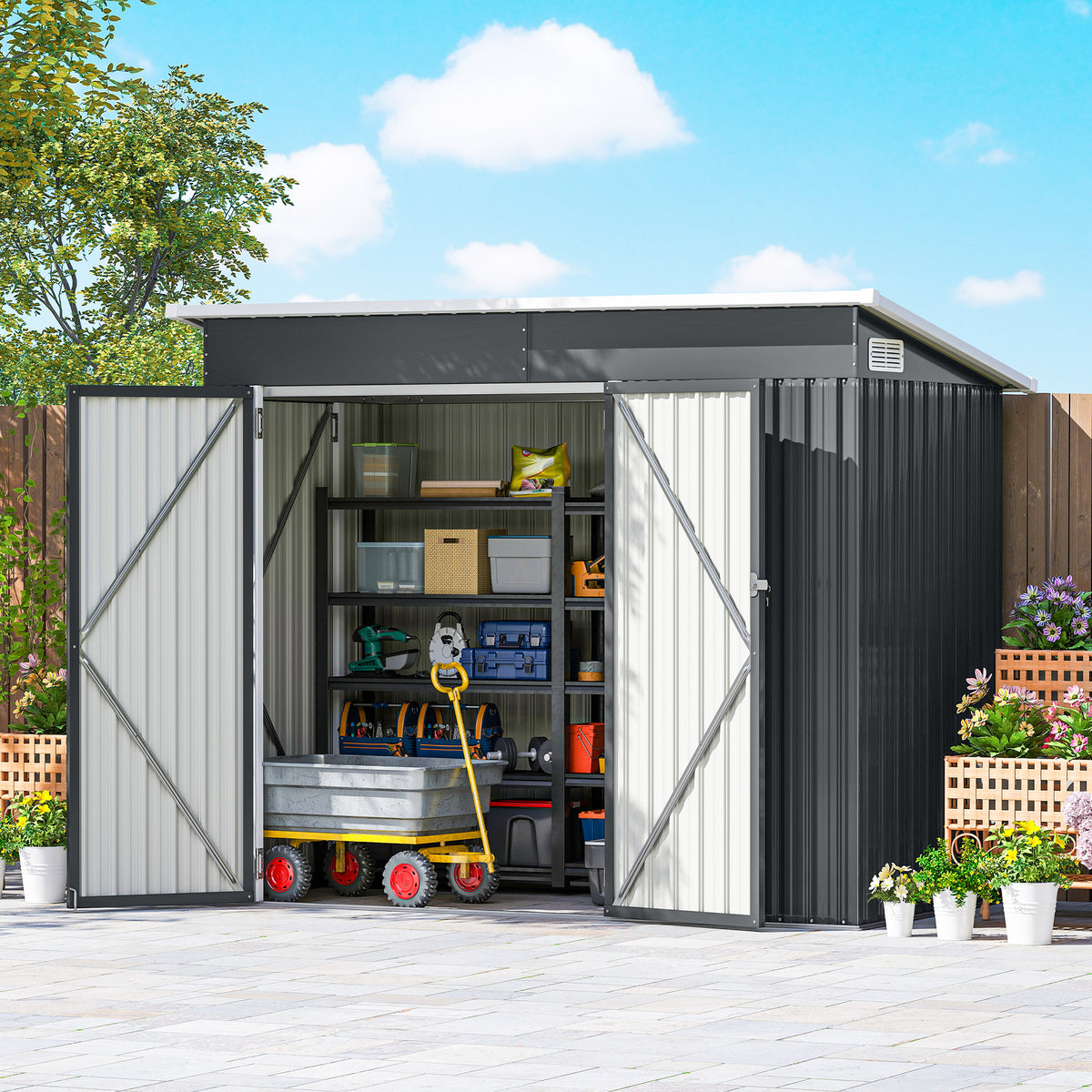 Abri de jardin en métal cabane jardin extérieure triple porte verrouillable toit incliné aérations 234x132x185cm gris