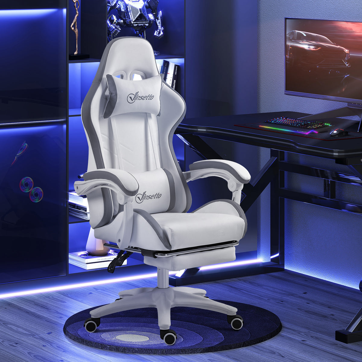 Gaming chair ergonomic gaming recliner with 135° reclining backrest and lumbar support, 65 x 65 x 121-129 cm white