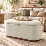 Moderne ovale opbergbank van chenillestof, voetenbank met opbergruimte, belastbaar tot 220 kg, 91 x 40,5 x 45 cm, beige
