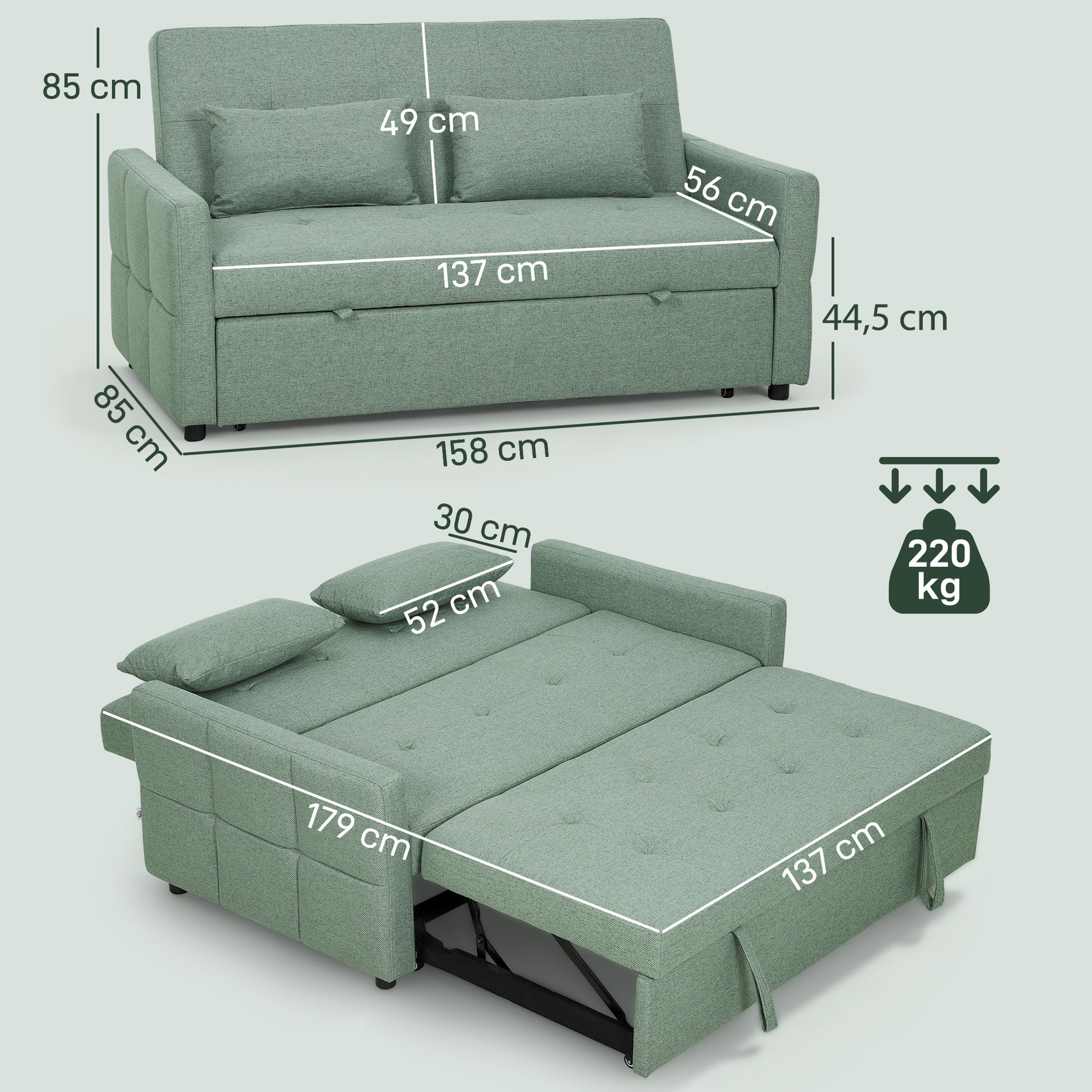 Canapé Convertible 2 Places 3 en 1, Canapé-Lit Clic Clac 160 cm, Dossier Réglable, Assise Large, 2 Oreillers, Vert