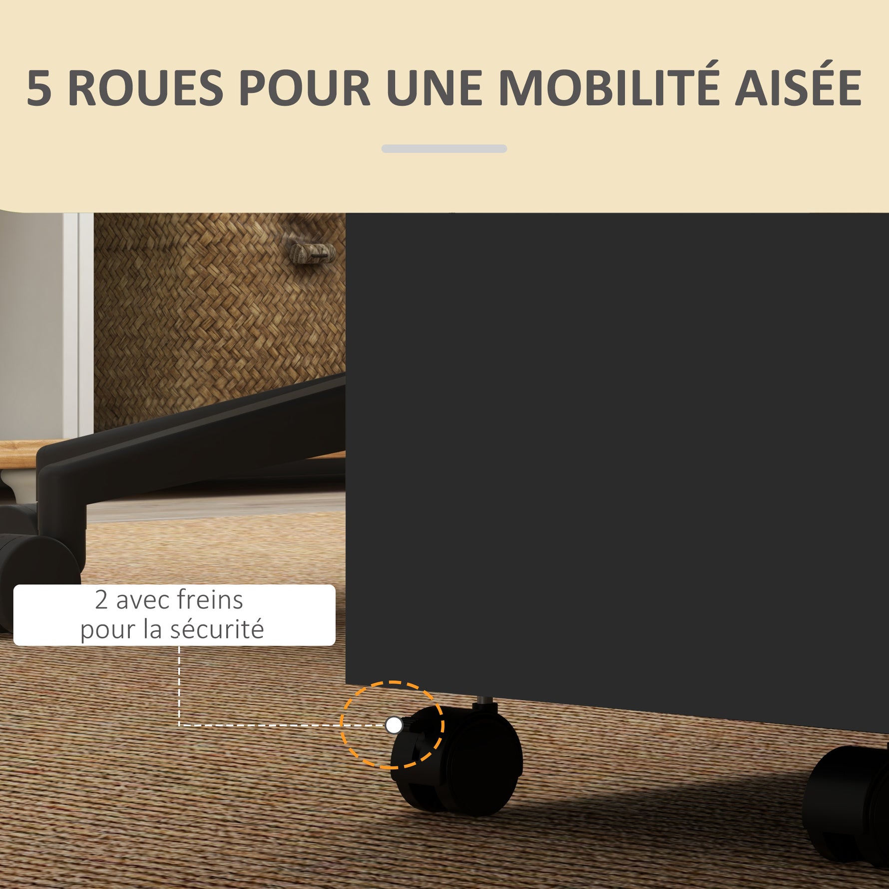 Caisson de bureau à roulettes avec 2 tiroirs coulissants trieur à dossiers 48 x 40 x 59,5 cm noir