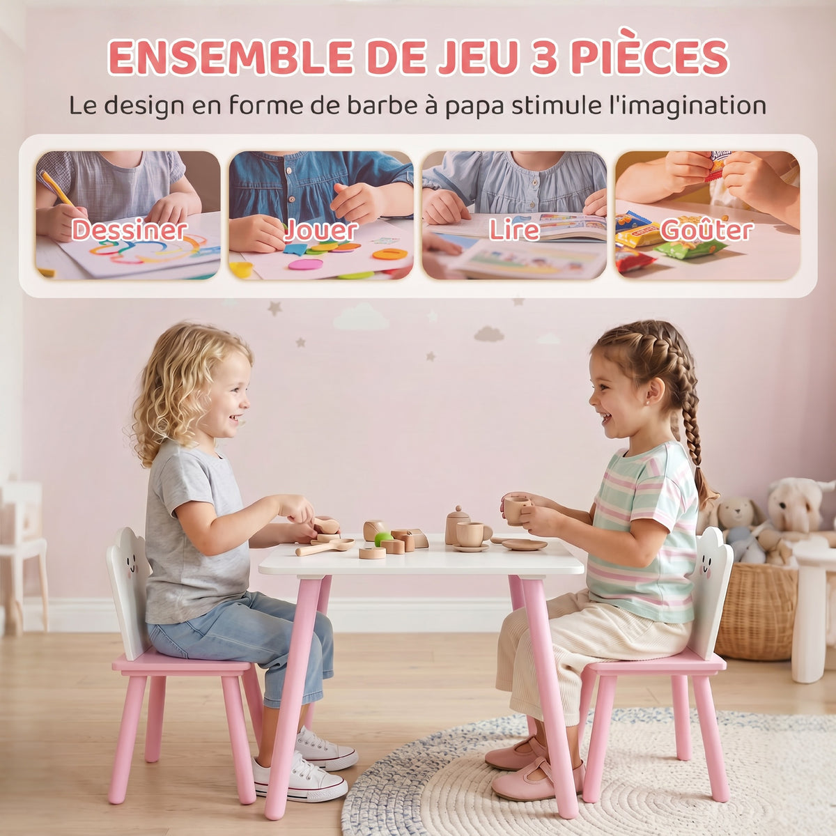Table enfant avec chaise, ensemble table et 2 chaises en bois pour dessiner, jouer, étudier, rose-3