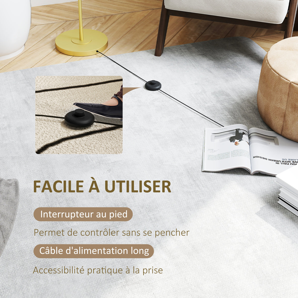 Lampadaire sur pied salon style moderne avec abat-jour aspect lin et interrupteur à pied 163,5 cm doré et blanc