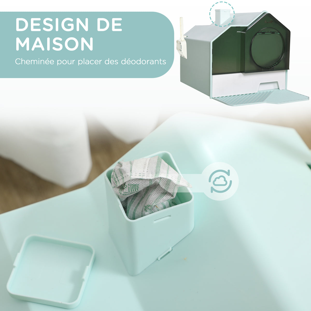 Maison de toilette bac à litière pour chat design maisonnette avec pelle, filtre et tapis dim. 47L x 45l x 42H cm bleu