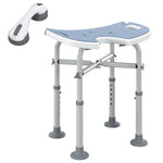 Taburete de ducha, altura ajustable de 39 a 51,5 cm, barra de apoyo con ventosa, patas con ventosas, azul claro