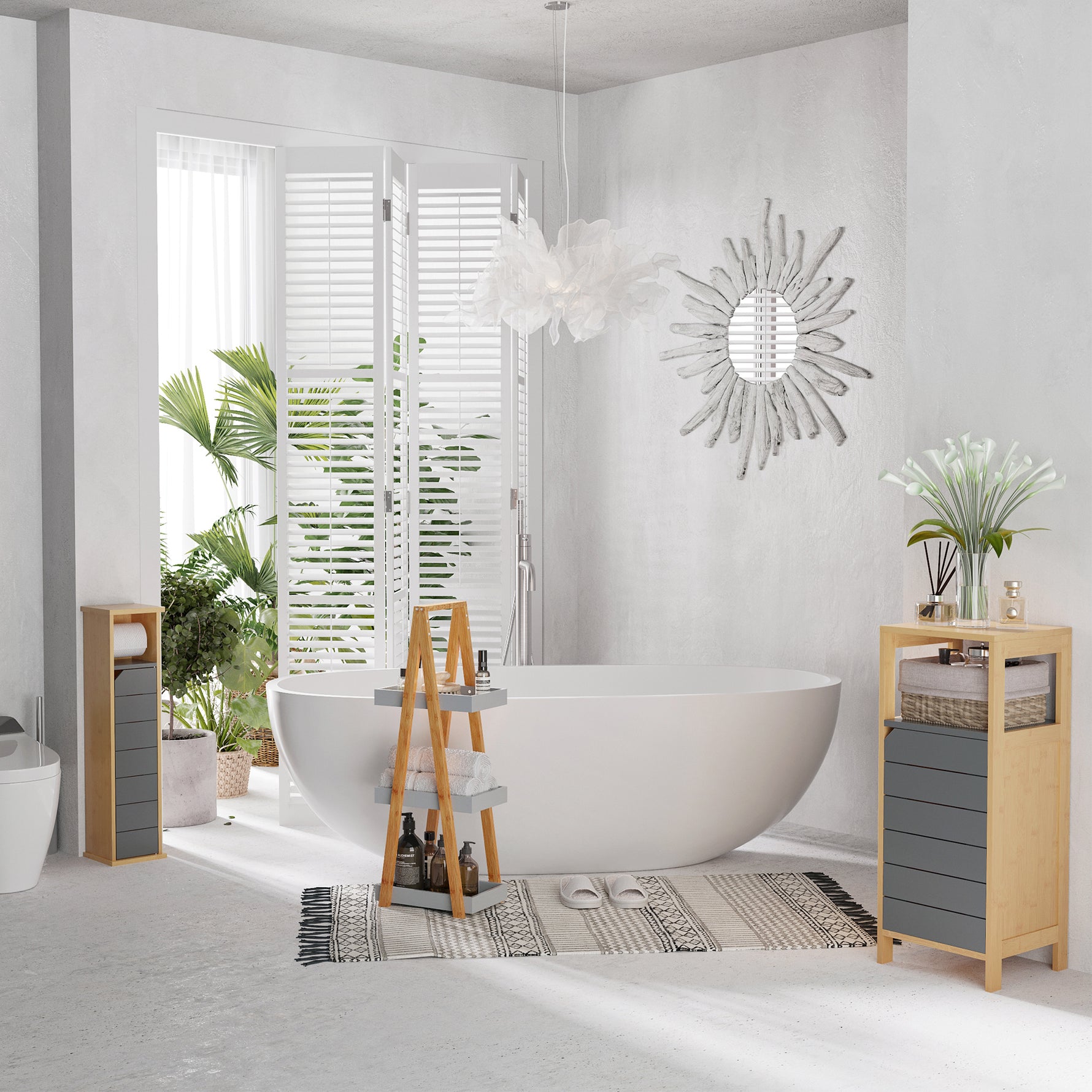 Support Papier Toilette - Porte-Papier Toilette - 2 Niveaux MDF Gris Bambou