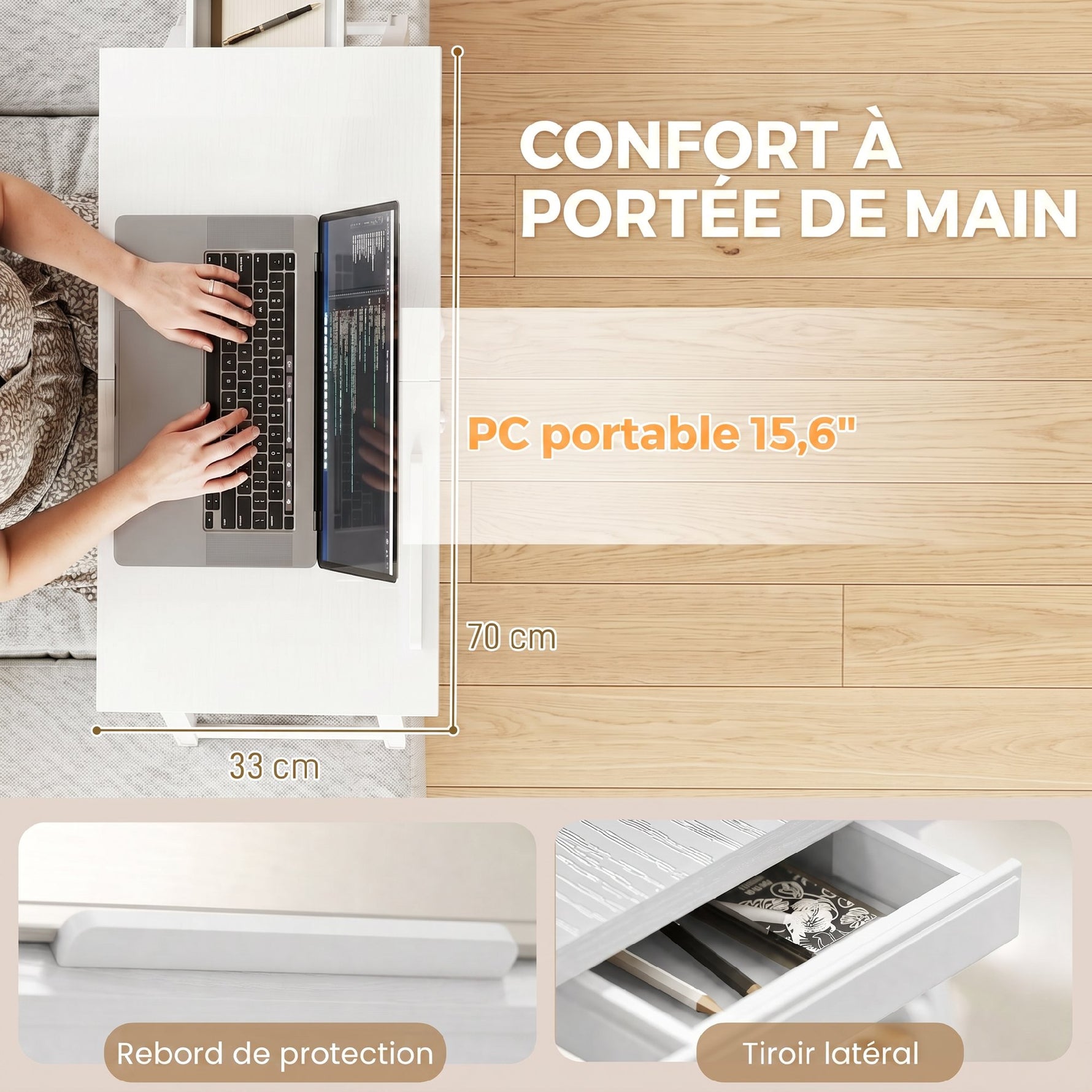 Table de lit pliable et réglable, plateau de lit pour ordinateur portable en bambou plateau inclinable 83,5x33x34cm blanc