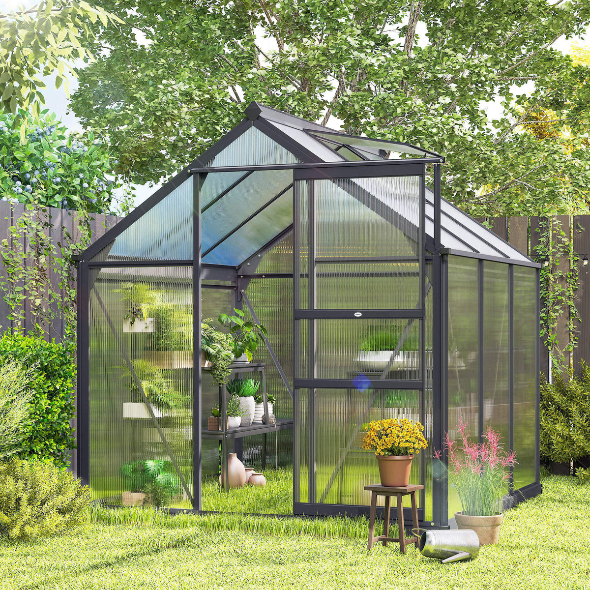 Serre de jardin polycarbonate 3,65m² 190 x 192 x 201 cm résistant aux UV fondation renforcé gouttière Gris