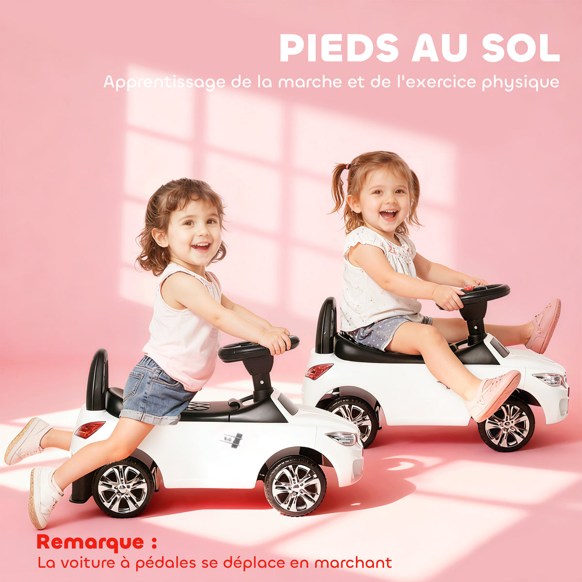 Porteur enfants voiture, véhicule à pousser avec coffre à jouets, klaxon, phares et musique, 63,5 x 28 x 36 cm, blanc