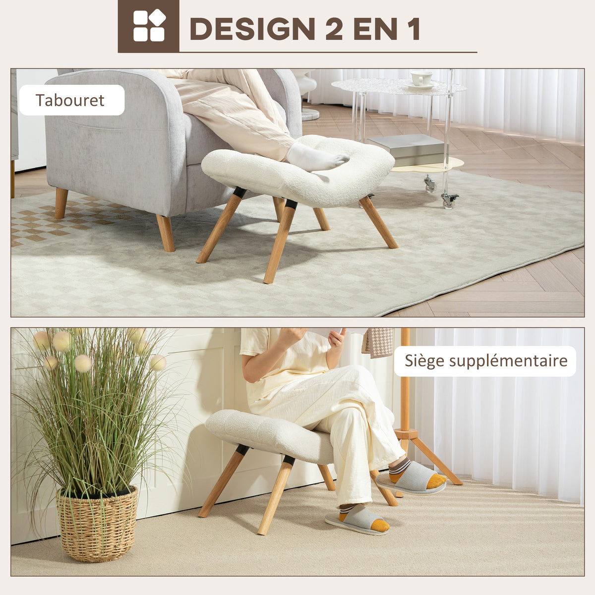 Repose pied salon ottoman pouf salon tabouret de canapé en tissu avec pieds en bois de hêtre, siège rembourré, crème