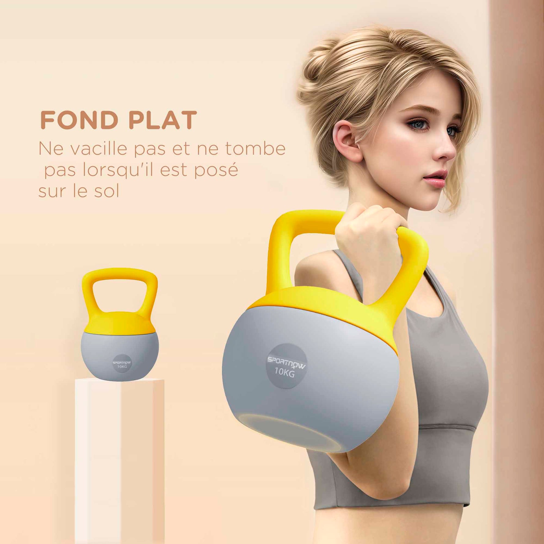 Kettlebell 10kg haltère avec poignée antidérapante pour fitness musculation cardio, gris et jaune