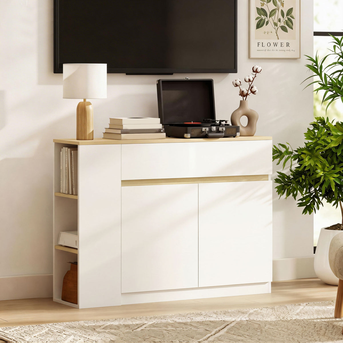 Buffet meuble de rangement avec 2 tiroirs 3 étagères ouvertes et placard 2 portes 110 x 29,5 x 82 cm blanc
