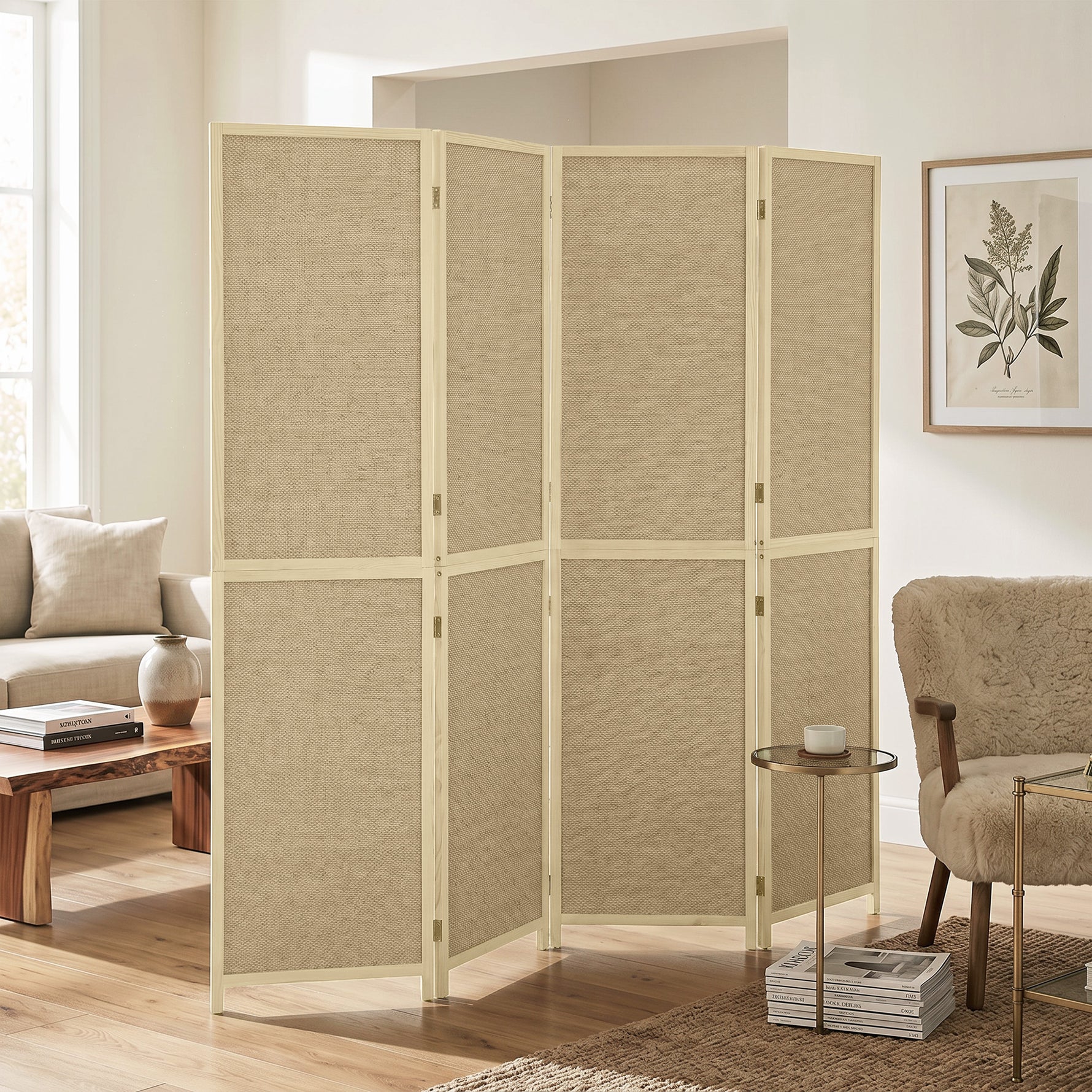 Paravent Interieur en Bambou 4 Panneaux 180x180cm, Séparateur de Pièce Pliable et Portable, Style Bohème, Bois Naturel