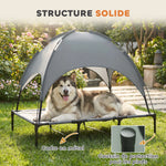 Lit Chien Sureleve avec Parasol, Lit de Camp Chien Chat sur Pieds Tissu Oxford Respirant, Anti-UV Cadre en Métal Sac de Transport Inclus Couchage Extérieur pour Chat 122 x 92 x 108 cm Gris Noir