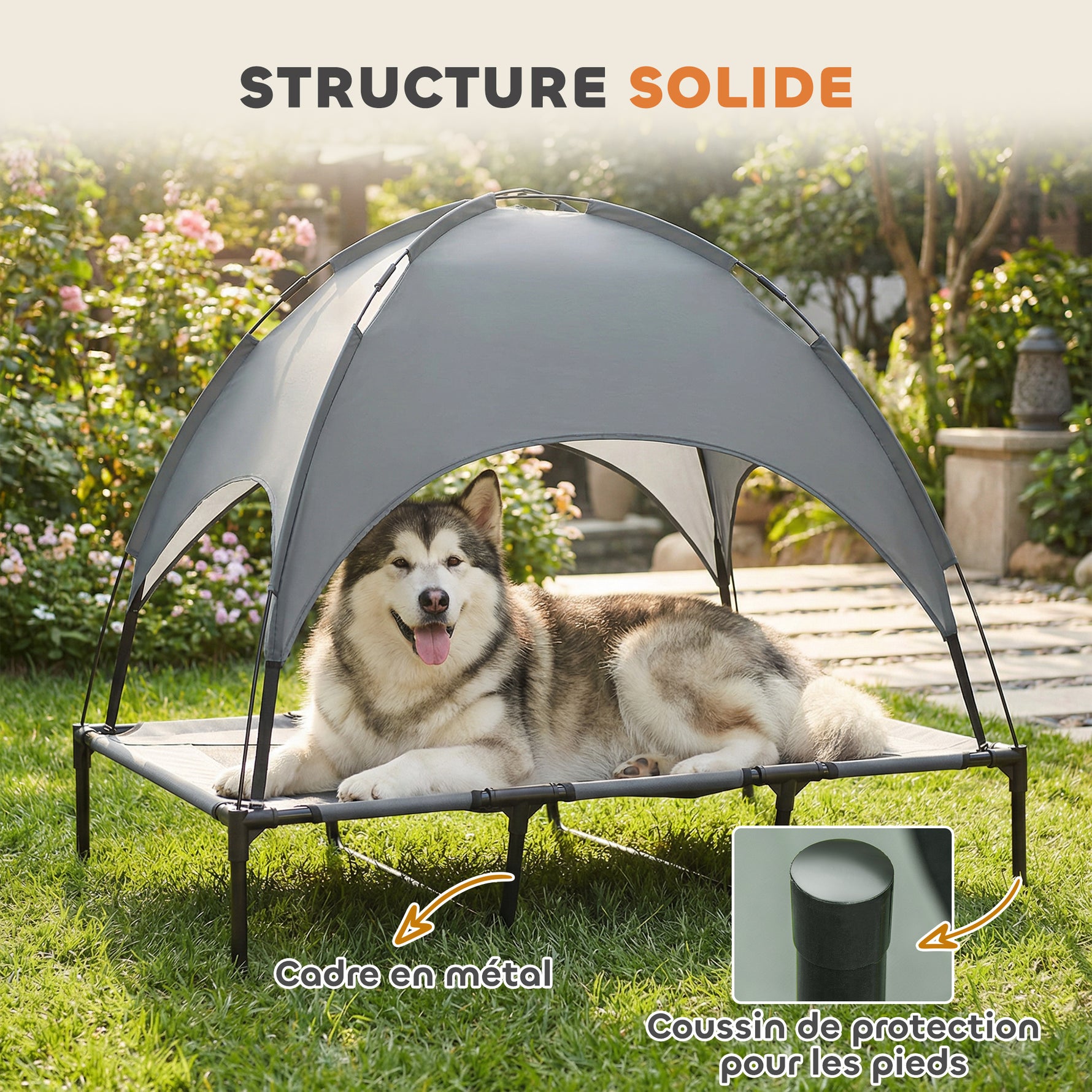 Lit Chien Sureleve avec Parasol, Lit de Camp Chien Chat sur Pieds Tissu Oxford Respirant, Anti-UV Cadre en Métal Sac de Transport Inclus Couchage Extérieur pour Chat 122 x 92 x 108 cm Gris Noir