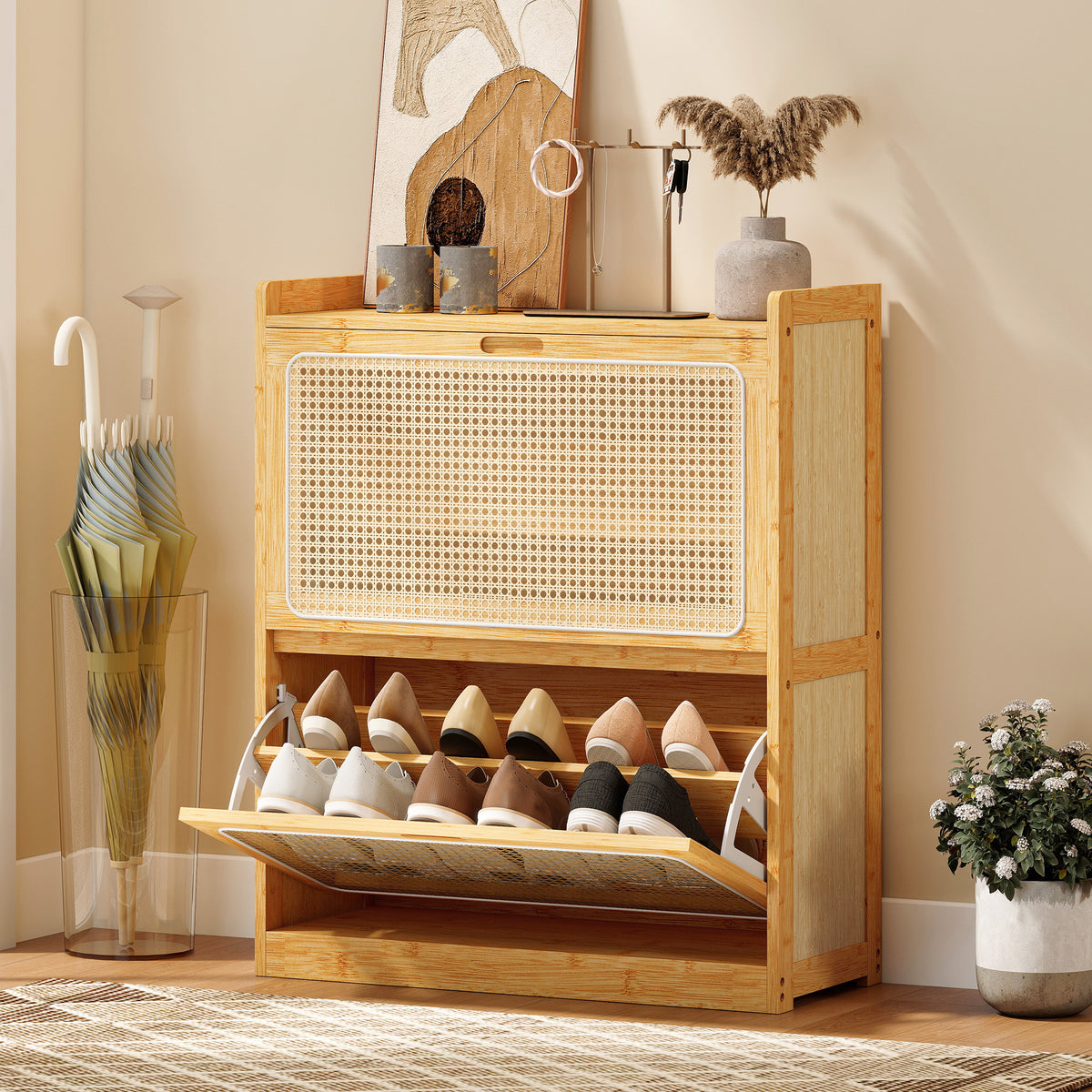 Meuble à chaussures 14 paires, armoire à chaussures 2 tiroirs rabattables, étagères réglables, 69x29x83cm, bois naturel