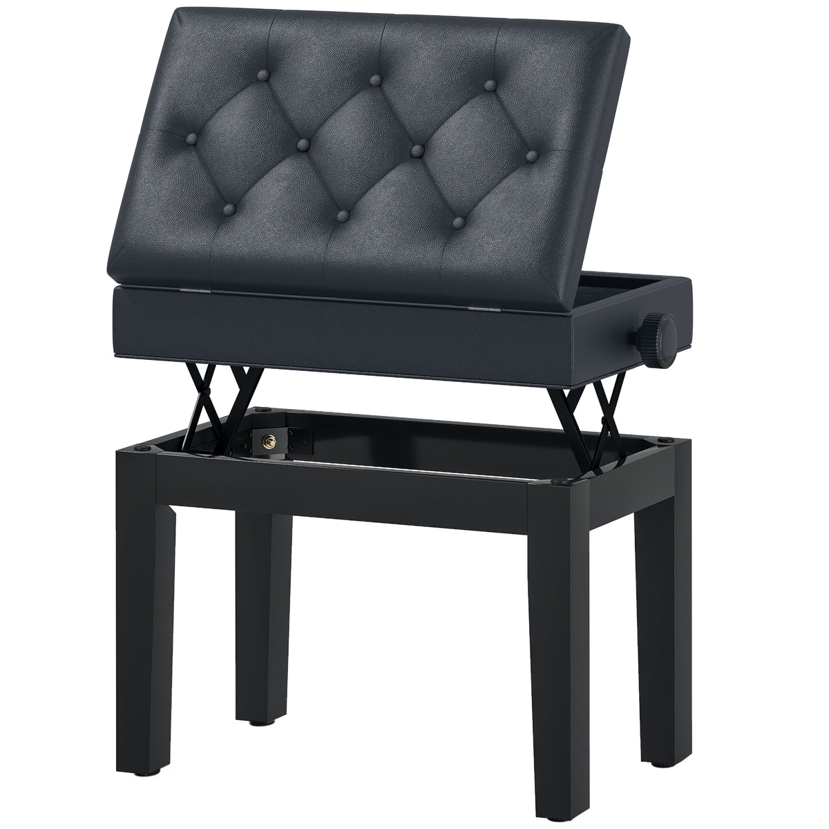 Banc de piano, banc de clavier réglable en hauteur en bois massif, tabouret piano avec compartiment caché, siège rembourré polyuréthane à 10 boutons, stable et antidérapant, charge 200kg, noir