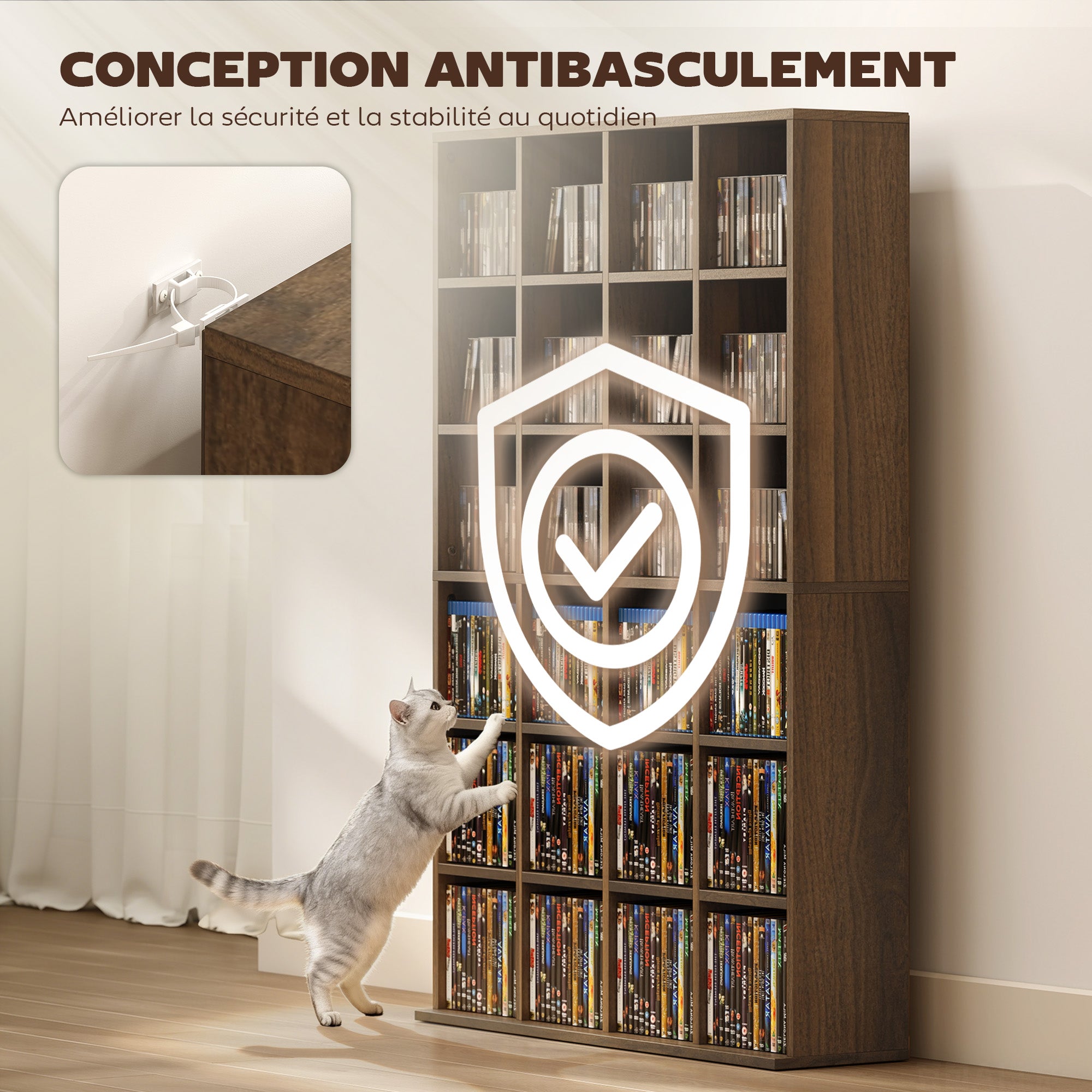 Meuble de rangement multimédia 456 CD/ 336 DVD - bibliothèque en bois avec étagères réglables, 89 x 130,5 cm, marron