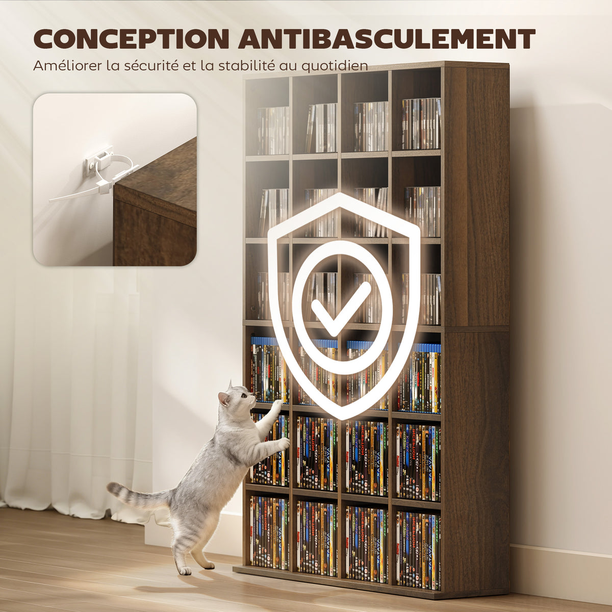 Meuble de rangement multimédia 456 CD/ 336 DVD - bibliothèque en bois avec étagères réglables, 89 x 130,5 cm, marron