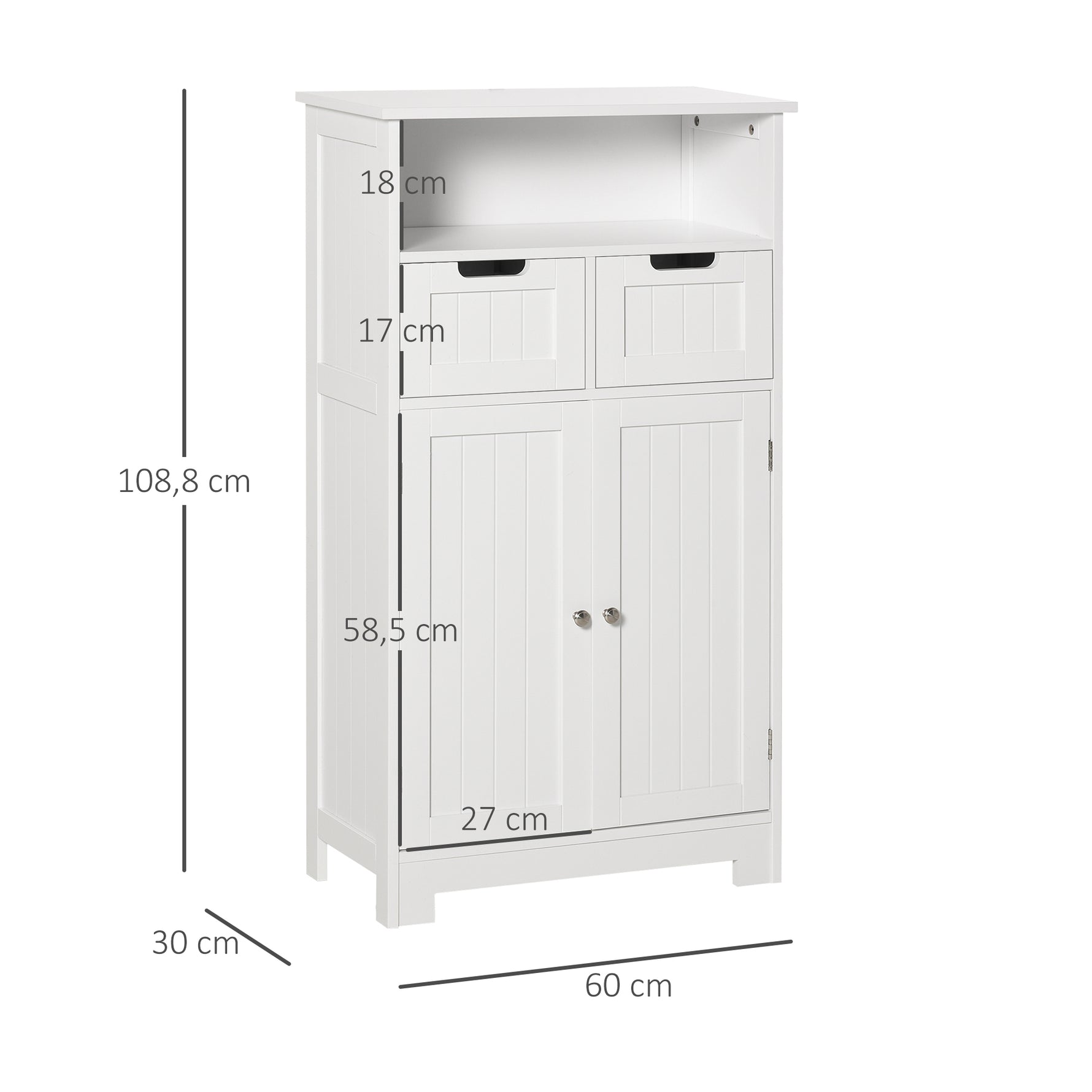 Meuble de salle de bain, meuble de rangement avec 2 tiroirs, niche, placard avec porte, étagère réglable, armoire de salle de bain, cuisine, salon, 60 x 30 x 109 cm, blanc