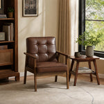 Fauteuil de salon, fauteuil de chambre en cuir synthétique, dossier capitonné, pieds en bois massif, 64x73x81cm, marron