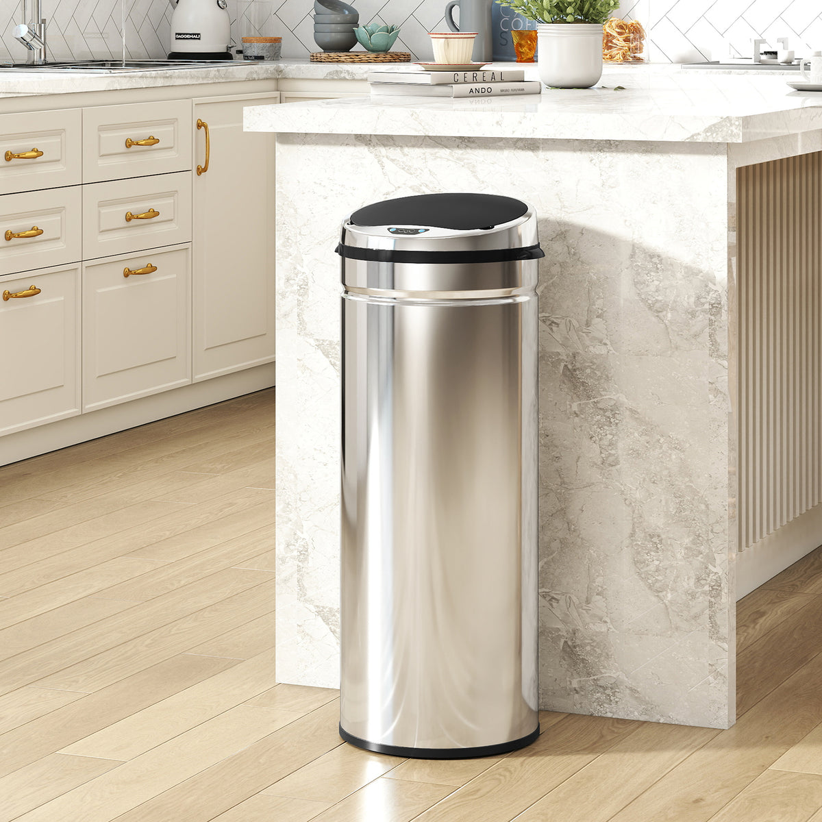 Poubelle à capteur de mouvement ouverture automatique 50 L en acier inoxydable noir et argent