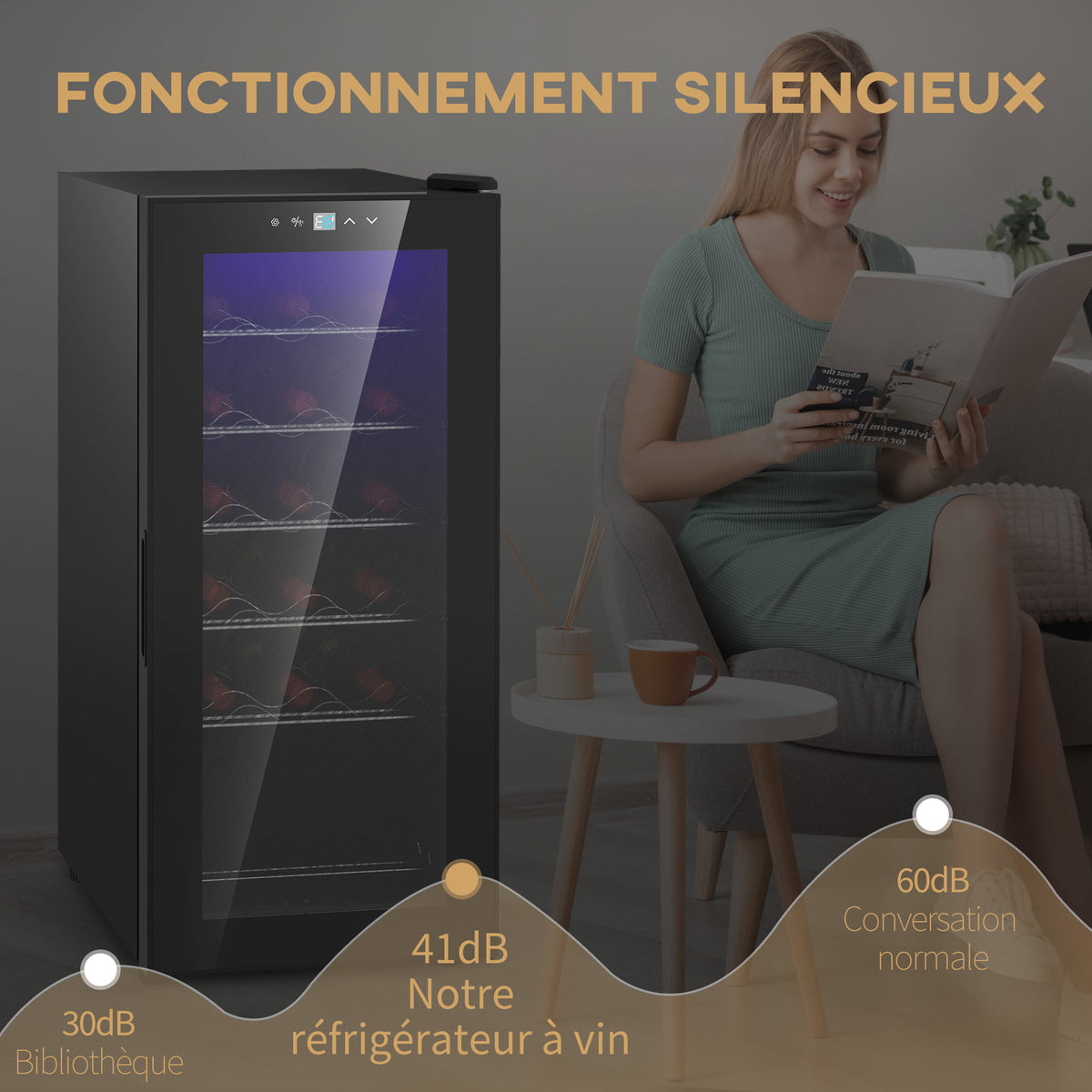 Cave à vin 18 bouteilles 50L haute performance température réglable 5-18° avec lumière LED, noir