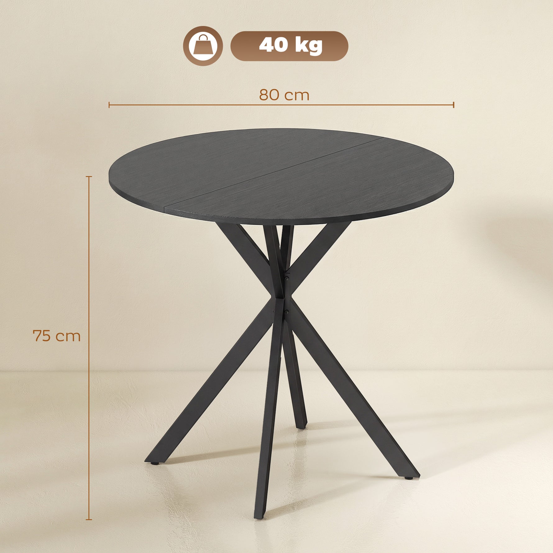 Table à Manger Ronde pour 2 Personnes avec Plateau Aspect Bois et Piètement Croisé en Acier, Noir