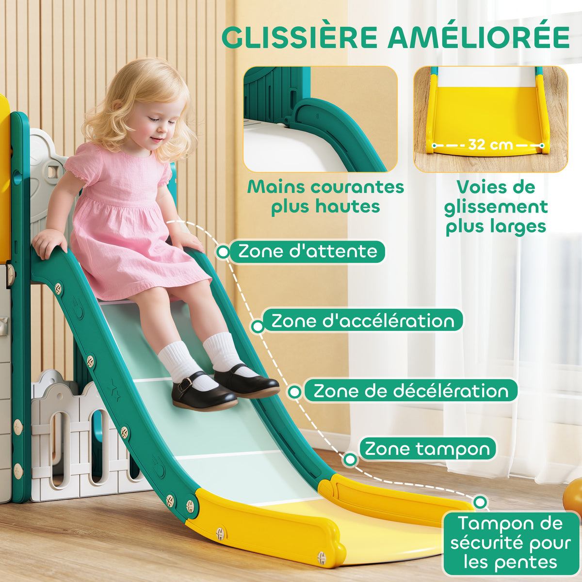 Toboggan pour enfant 7 en 1 avec panier de basket, télescope, rangement, tunnel, escalade, tableau de dessin, jaune