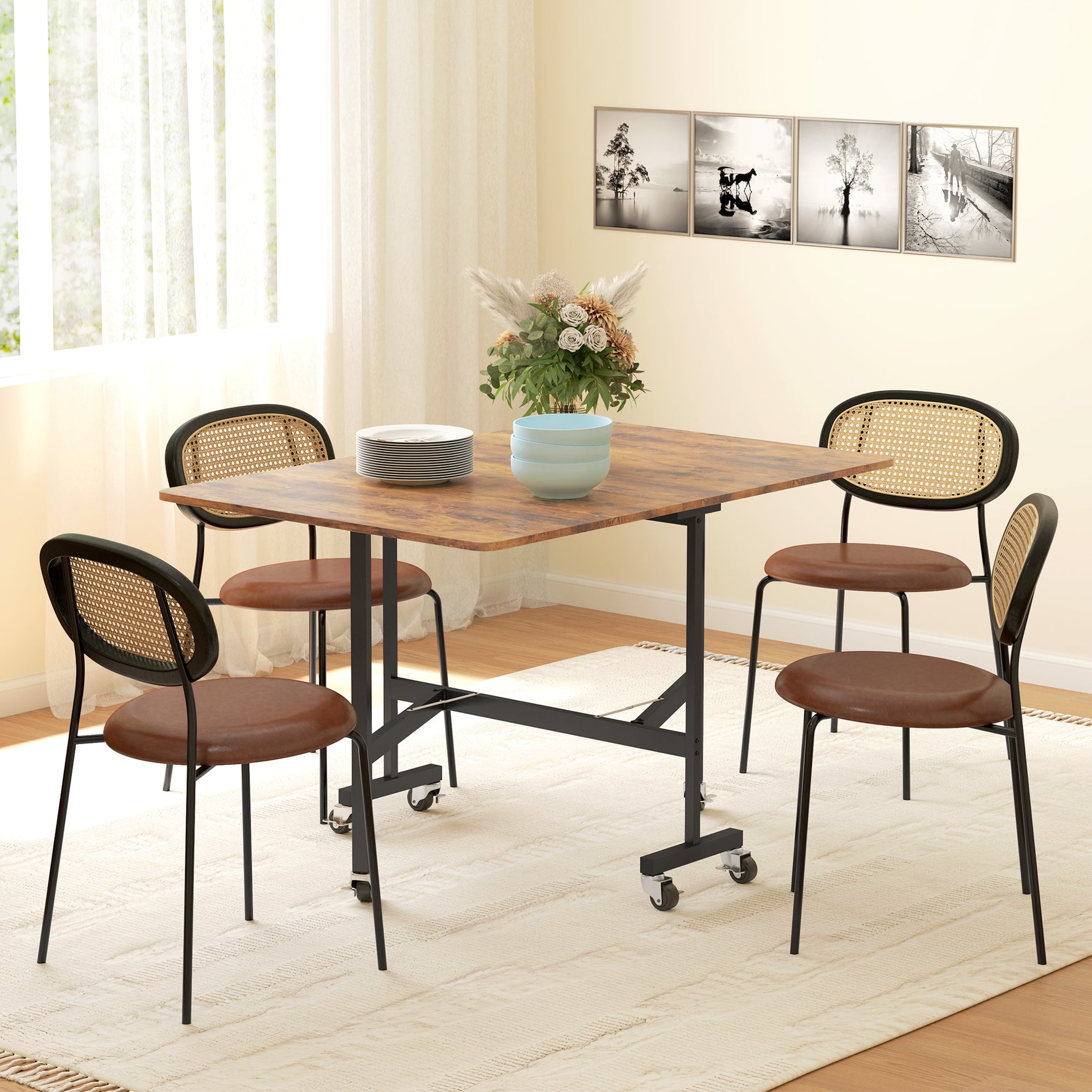 Table pliante cuisine table à manger pliable avec 2 abattants 6 roues pour 4-6 personnes 120 x 80 x 73 cm, brun rustique