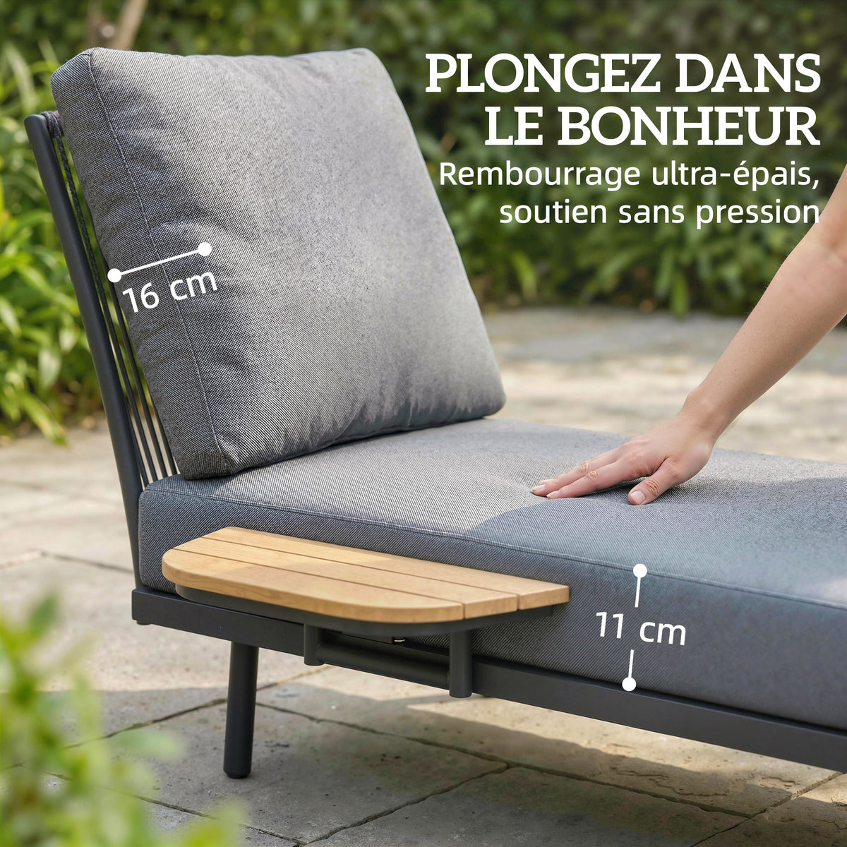 Chaise Longue de Jardin avec Coussins Lavables en Oléfine et Étagère Latérale, Cadre en Métal, 58x137x75cm, Gris