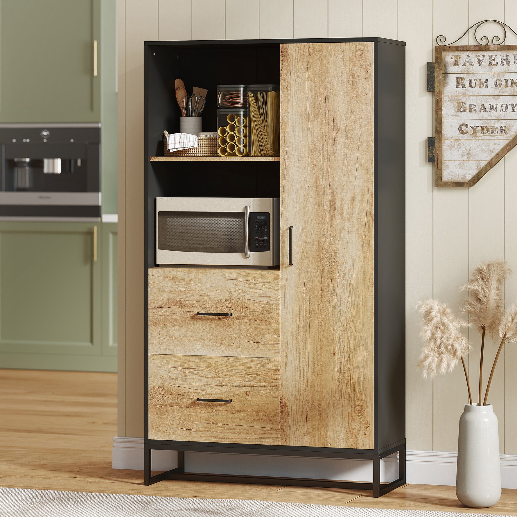 Armoire de cuisine meuble de rangement, 2 tiroirs 1 placard 2 niches et étagères réglables, 88x35x160cm, noir et naturel