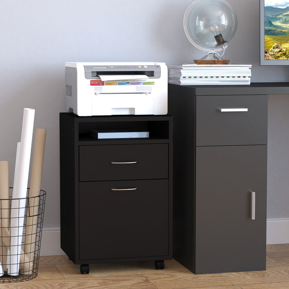 Caisson de bureau rangement bureau sur roulettes tiroir placard niche panneaux particules noir