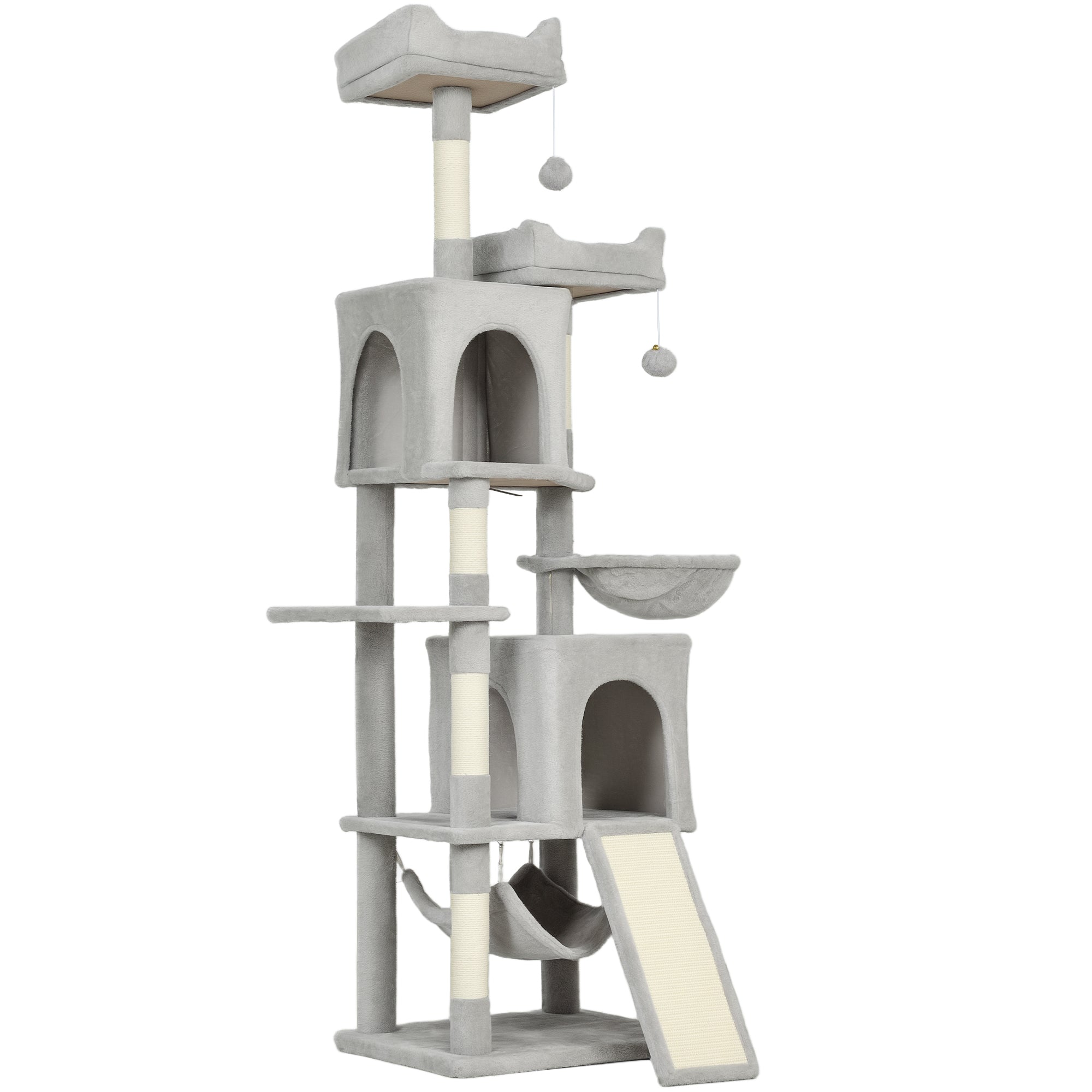 Arbre à chat tour de jeux pour chat 3 platesformes 2 niches 2 lits 2 hamacs 1 échelle hauteur 177 cm gris clair