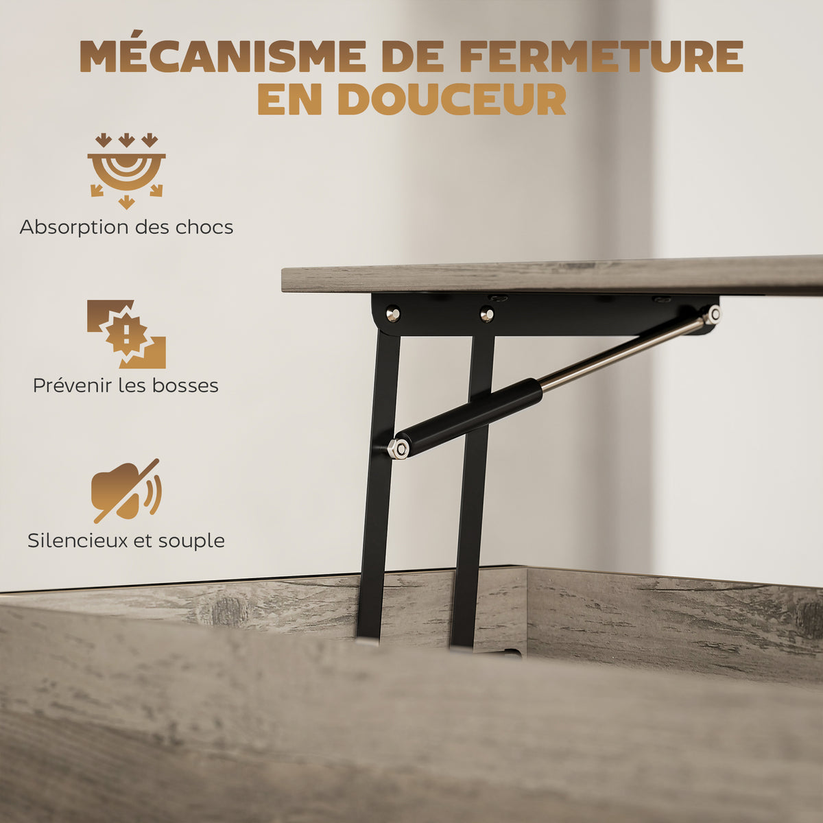Table basse avec plateau relevable, table de salon avec compartiment caché et étagère ouverte, 95x40x59cm, gris