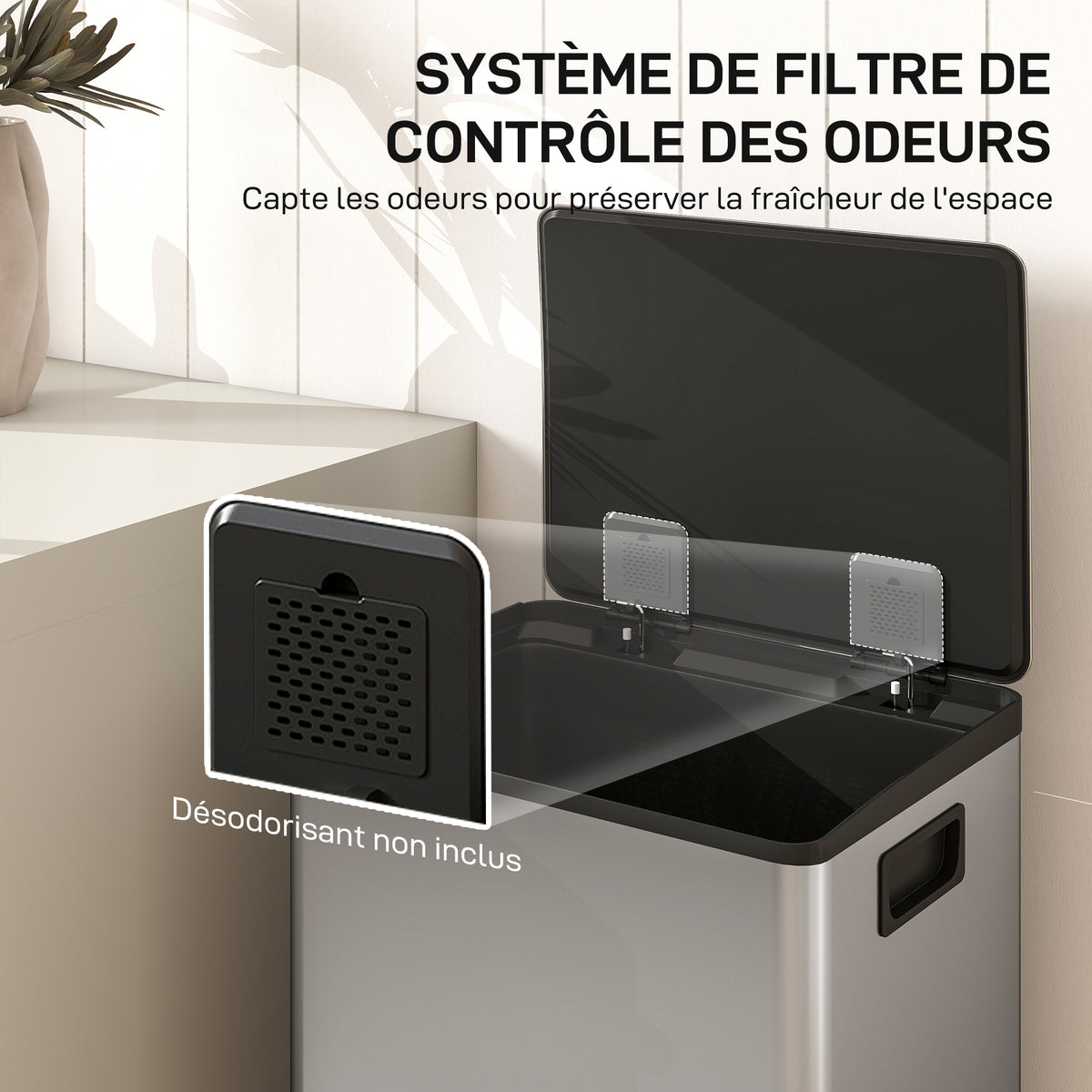 Poubelle cuisine 50L, poubelle à pédale, seau intérieur amovible, couvercle à fermeture douce, 41,7x36,6x62cm, argent