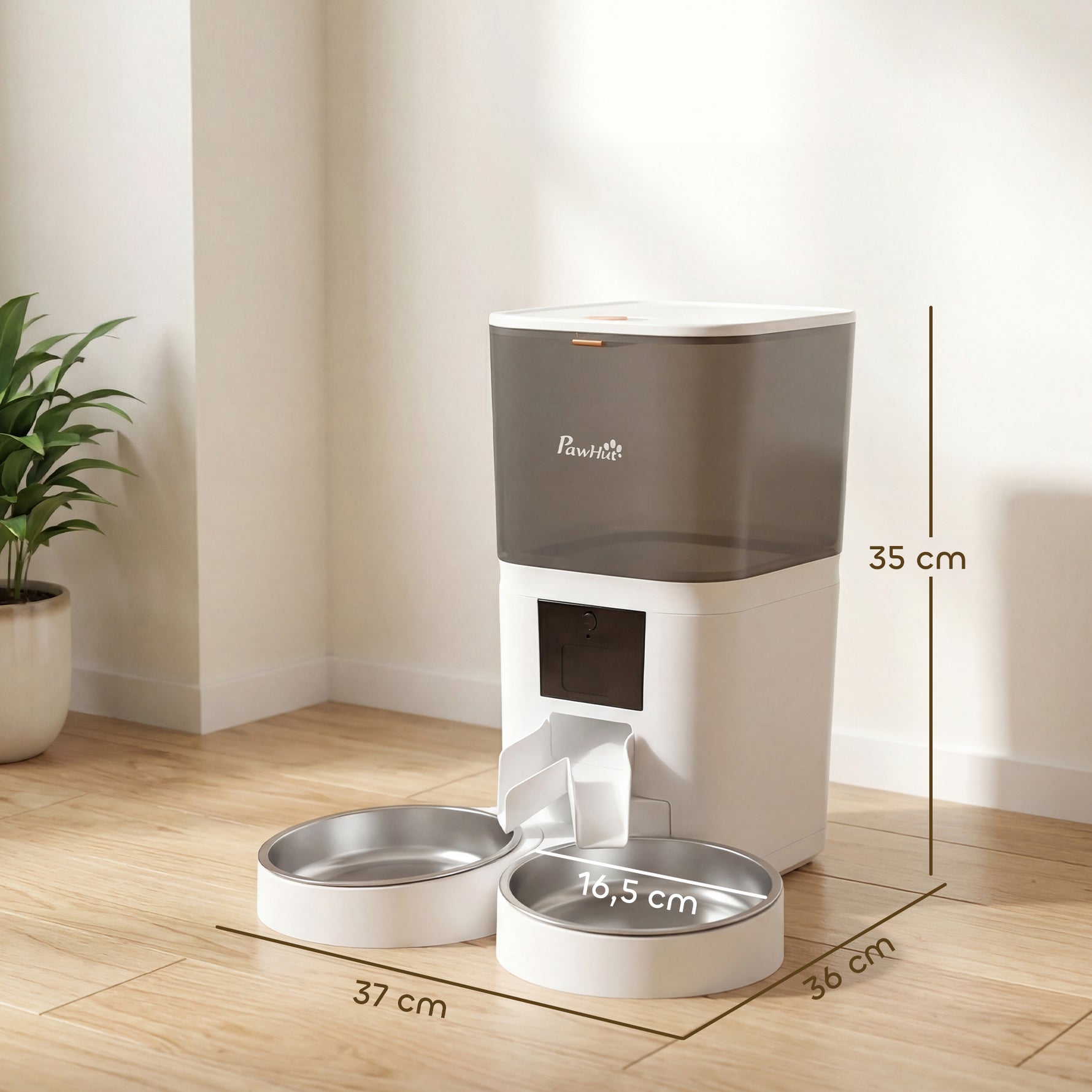Distributeur Croquettes Chat Automatique 2 Animaux 6L Double Bol Inox WiFi Tuya App ABS 37x36x35cm Blanc