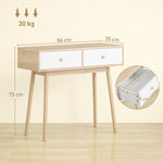 Table console avec 2 tiroirs et pieds en bois, pour salon, entrée, couloir, 86 x 35 x 75 cm, chêne et blanc