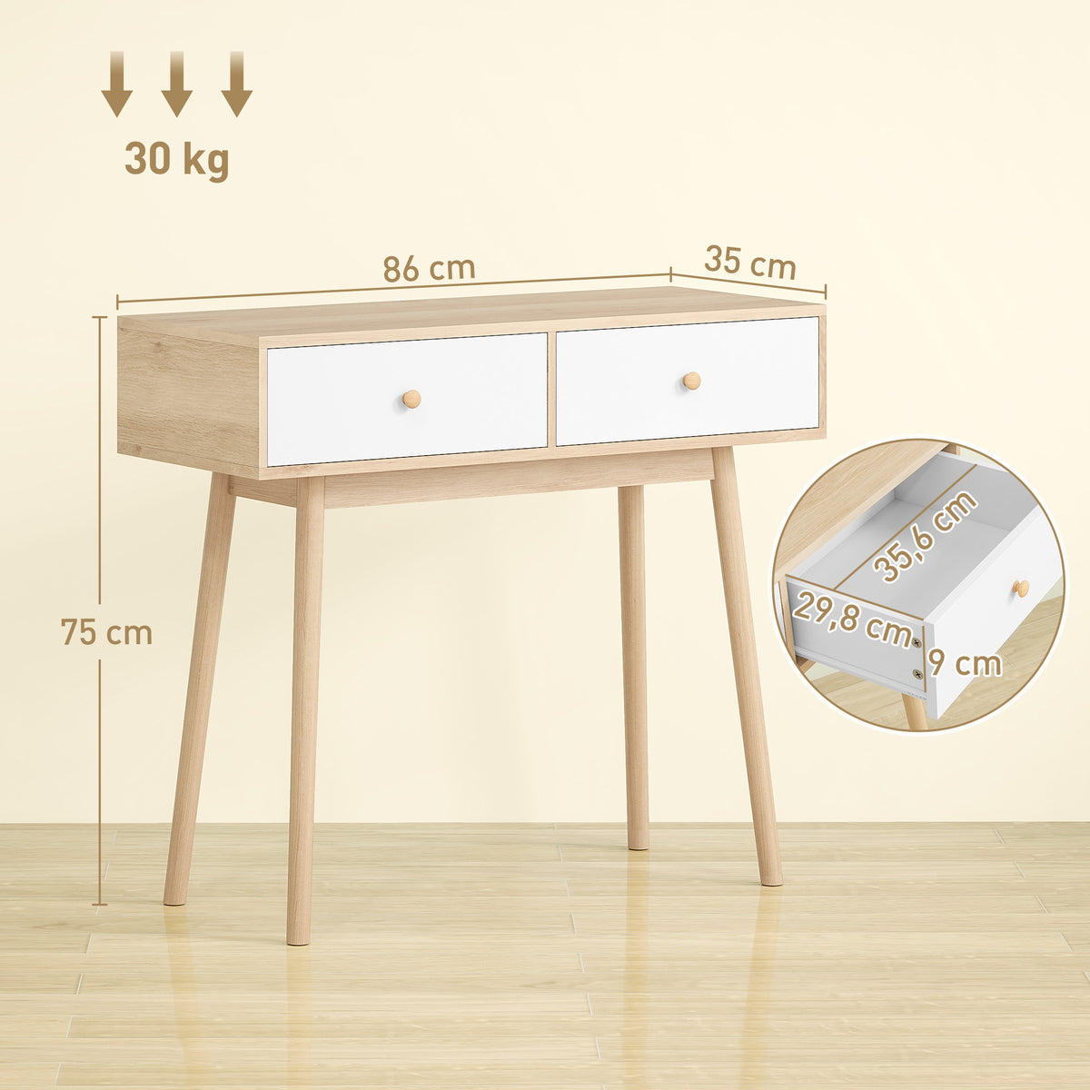 Table console avec 2 tiroirs et pieds en bois, pour salon, entrée, couloir, 86 x 35 x 75 cm, chêne et blanc