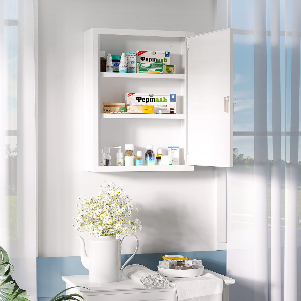 Armoire à pharmacie murale en acier, armoire à médicaments à 3 niveaux porte verrouillable 2 clés, 40x15x53,5cm, blanc