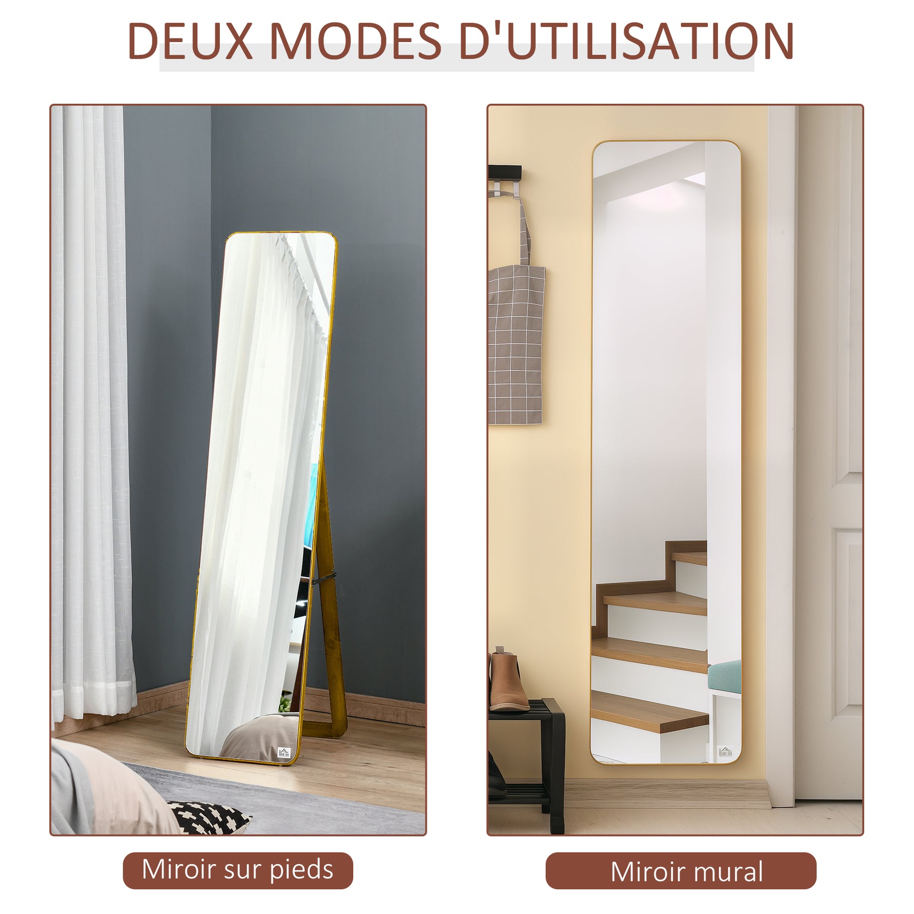 Grand miroir pleine longueur rectangulaire, 37 x 160 cm - miroir sur pied ou mural - pour chambre à coucher, salon et dressing, noyer clair