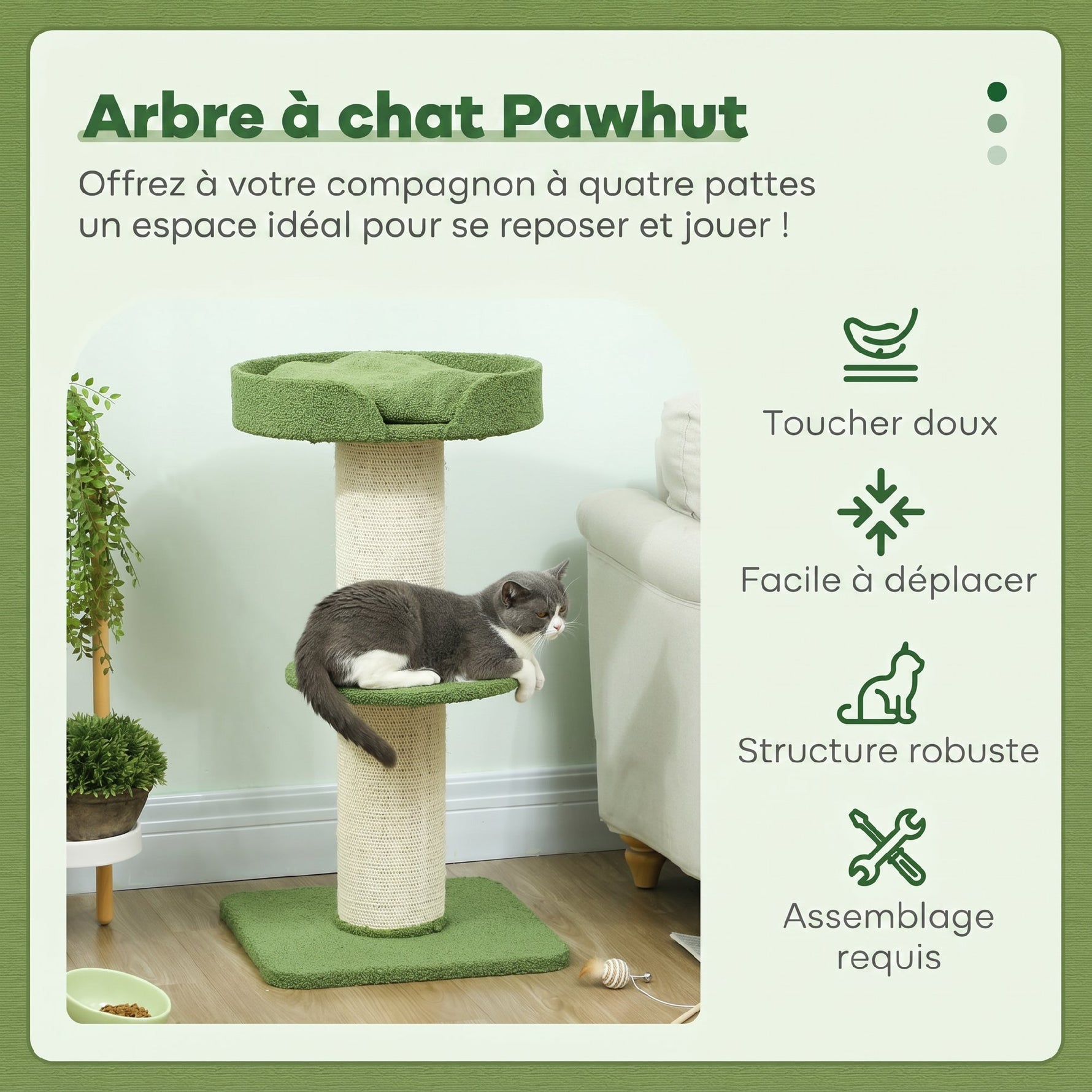 Arbre à Chat avec Griffoir, Centre d'Activités, Plateformes, Coussin, 45 x 45 x 91 cm, Vert et Beige