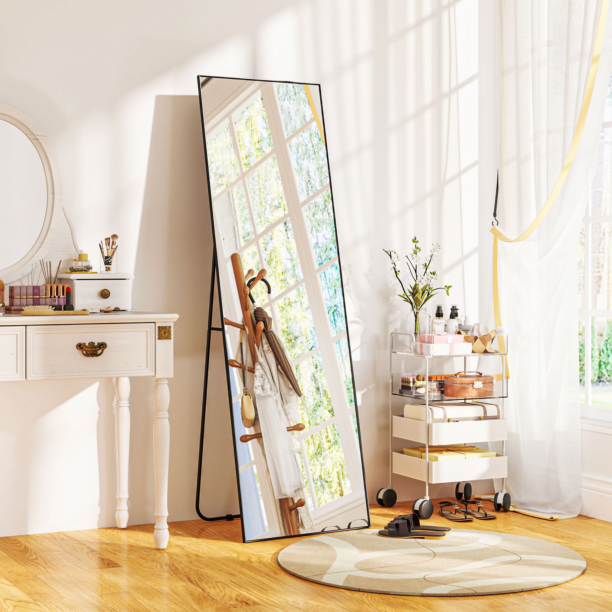 Grand miroir pleine longueur rectangulaire, 50 x 160 cm, miroir sur pied, mural ou pocé contre mur, noir