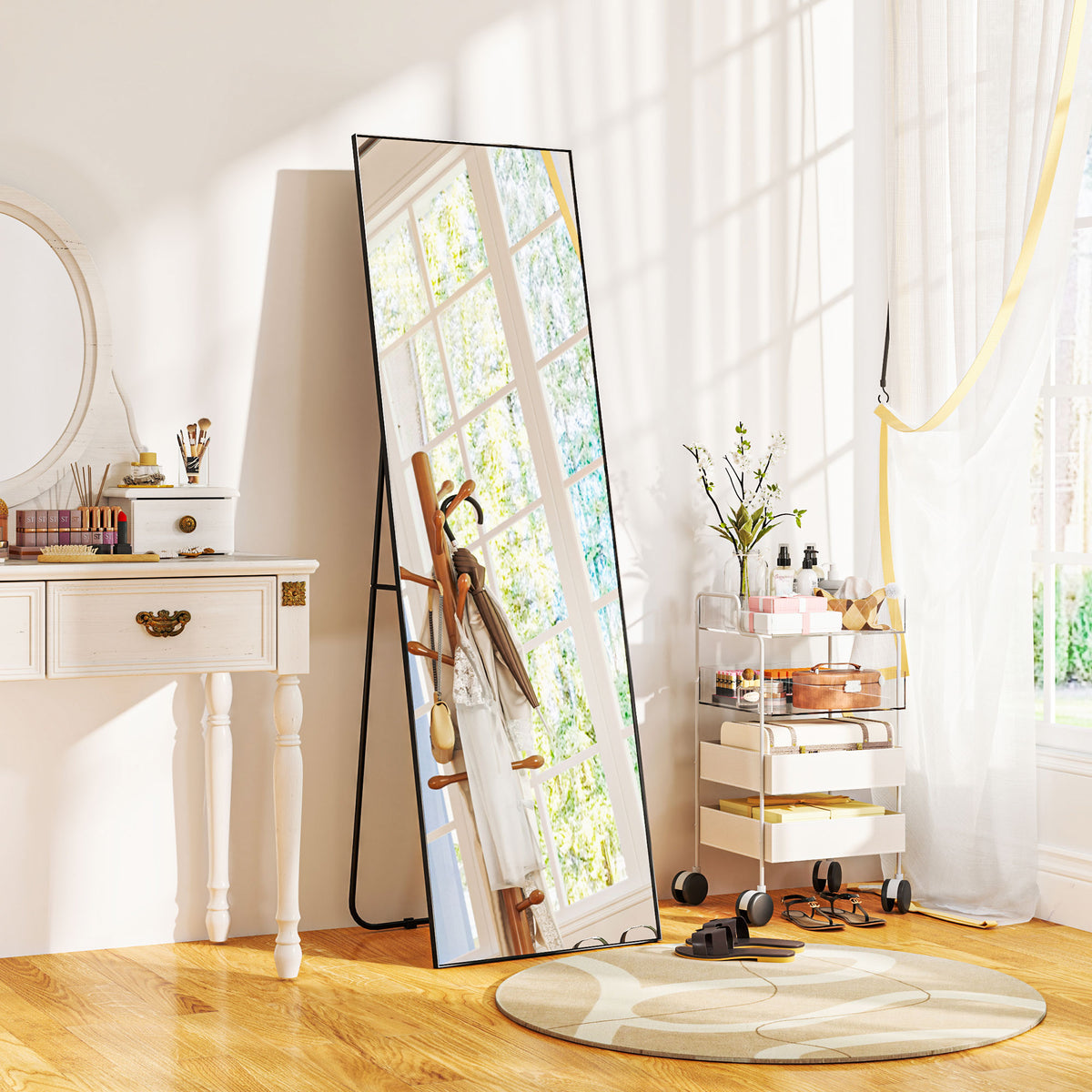 Grand miroir pleine longueur rectangulaire, 50 x 160 cm, miroir sur pied, mural ou pocé contre mur, noir