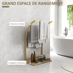 Porte-serviettes en bambou 3 barres avec étagère de rangement, pour la salle de bains et la buanderie, finition naturel
