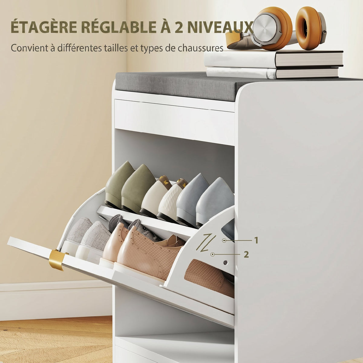 Panca scarpiera, panca contenitore, seduta imbottita, cassetto a ribalta, anta con motivo, 60 x 26 x 52,5 cm, bianco